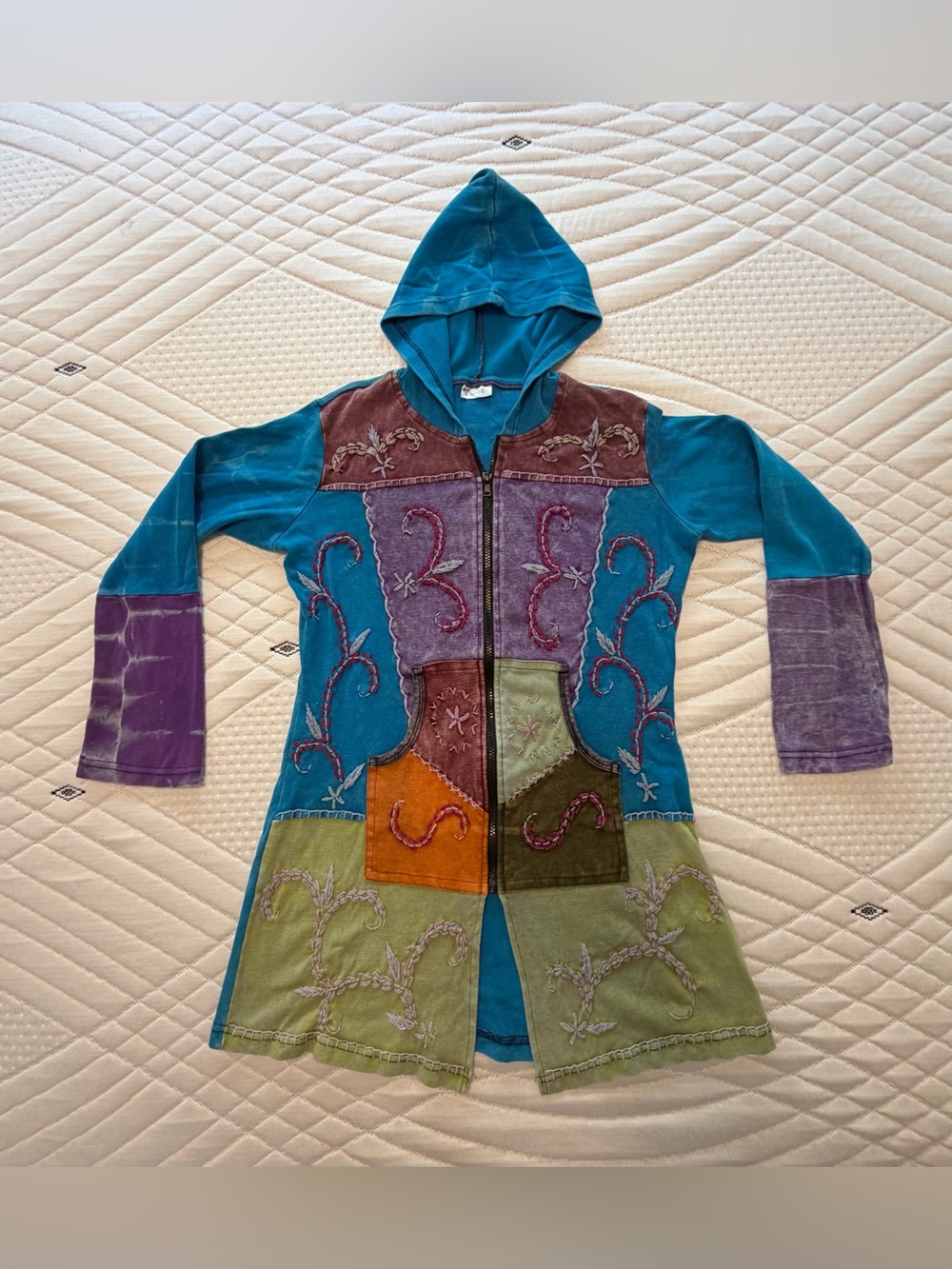 India Boutique Bohemian Patchwork Teal Hooded Sweatshirt Made in Nepal